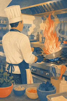 Chef Flambé Action in Restaurant Kitchen
