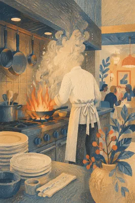 Chef Cooking Over Flame in Restaurant