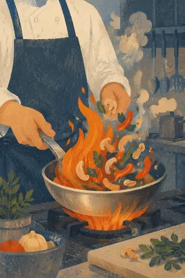 Chef Tossing Vegetables Over Kitchen Flame
