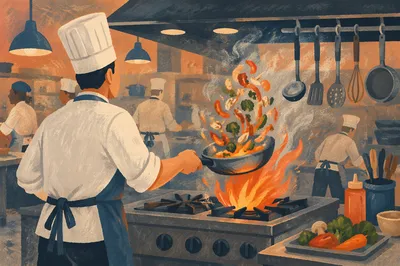 Chef Tossing Vegetables Over Kitchen Flame