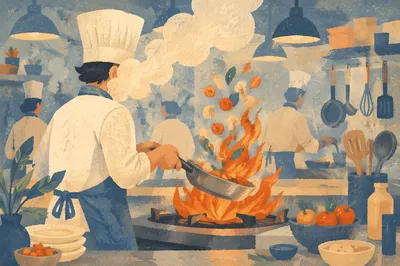 Chef Flambe in Busy Night Kitchen