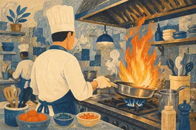 Chef Flambé Action in Restaurant Kitchen