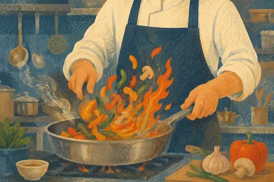 Chef Tossing Vegetables Over Kitchen Flame