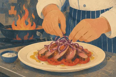 Chef Plating Seared Meat in Warm Kitchen