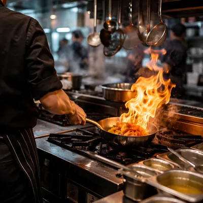Chef Tossing Vegetables Over Kitchen Flame