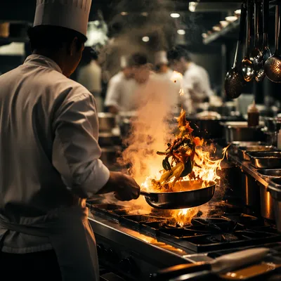 Chef Flambéing Vegetables in Busy Kitchen