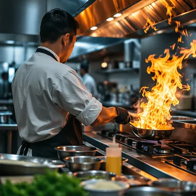Chef Flambé Action in Restaurant Kitchen