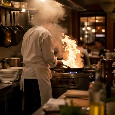 Chef Cooking Over Flame in Restaurant