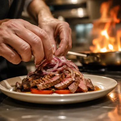 Chef Plating Seared Meat in Warm Kitchen