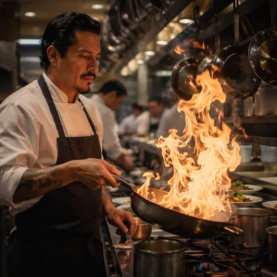 Chef Flambé in Upscale Restaurant Kitchen