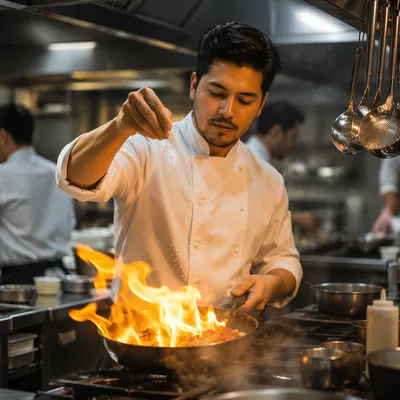 Chef Sautéing with Fire in Restaurant Kitchen
