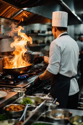 Chef Flambé Action in Restaurant Kitchen