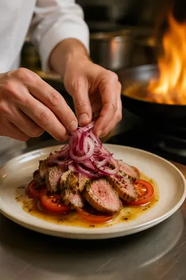 Chef Plating Seared Meat in Kitchen