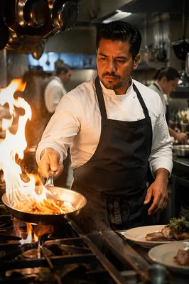 Chef Flambéing Pan in Busy Kitchen