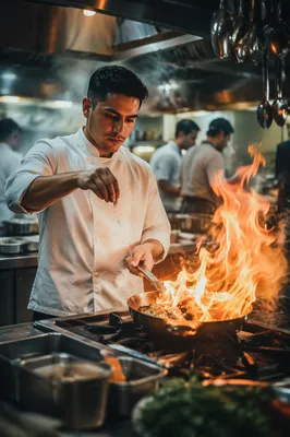 Chef Sautéing with Flare in Kitchen