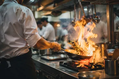 Chef Tossing Vegetables Over Kitchen Flame