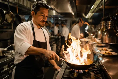 Chef Flambéing in Busy Restaurant Kitchen