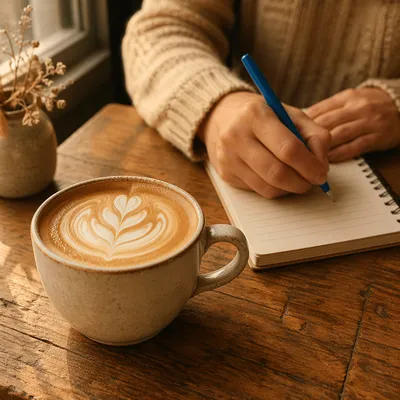Morning Cappuccino with Notebook in Cozy Cafe