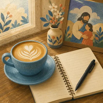 Morning Latte Art on Wooden Cafe Table