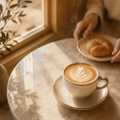 Sunlit Morning Latte on Marble Table
