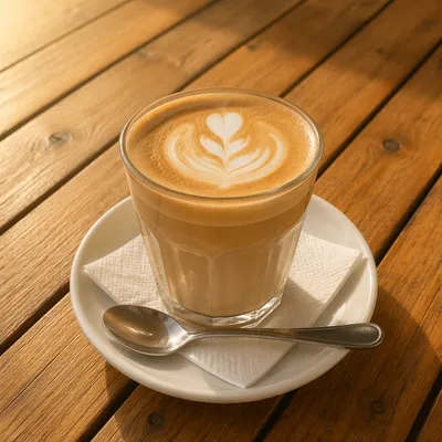 Morning Cafe Latte on Wooden Table