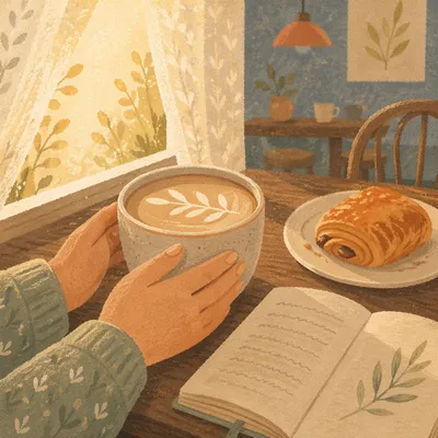Morning Latte and Pastry on Cafe Table