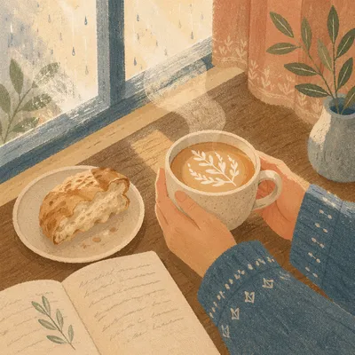 Morning Latte and Bread by Window