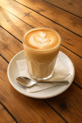 Morning Latte on Warm Wooden Cafe Table
