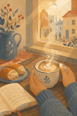 Morning Latte and Bread on Cafe Table