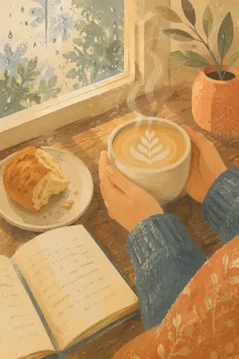 Morning Latte and Bread by Window