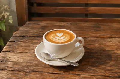 Morning Latte on Rustic Café Table