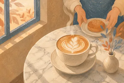 Morning Latte Art by Sunlit Cafe Window
