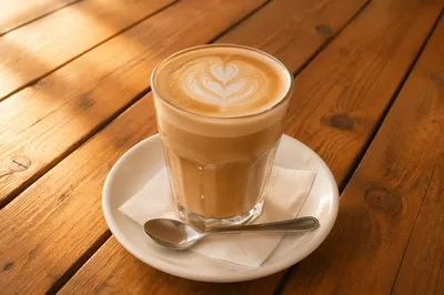 Morning Latte on Honey Wooden Cafe Table