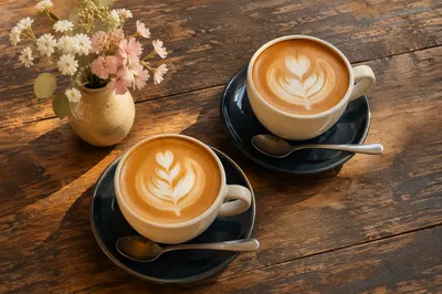 Morning Latte Cups with Floral Cafe Table