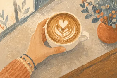Morning Latte Cup with Heart Leaf Art