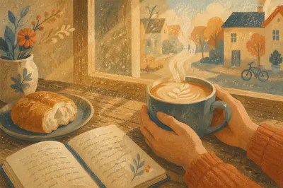 Morning Latte and Bread on Cafe Table