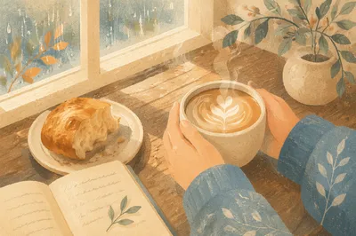 Morning Latte and Bread by Window