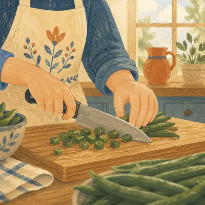 Fresh Green Beans Prepared in Warm Kitchen