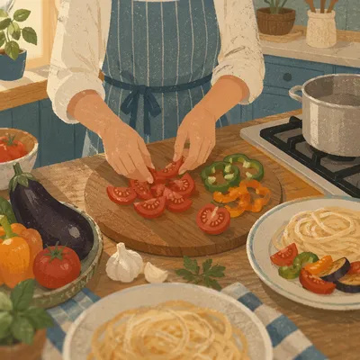 Cozy Kitchen Hands Preparing Vegetable Pasta