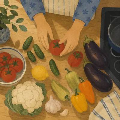 Hands Preparing Fresh Vegetables on Oak Counter