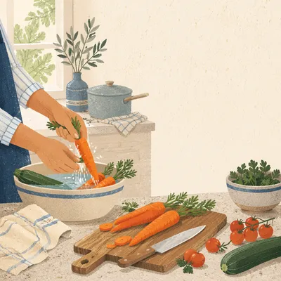 Hands Preparing Fresh Vegetables in Kitchen