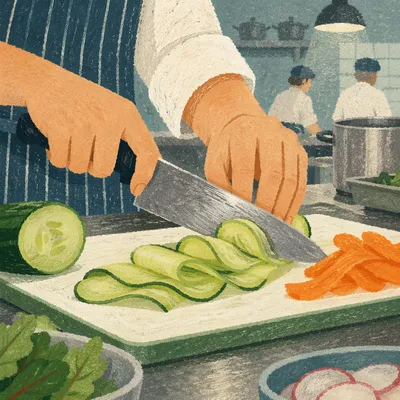 Hands Slicing Fresh Vegetables in Kitchen