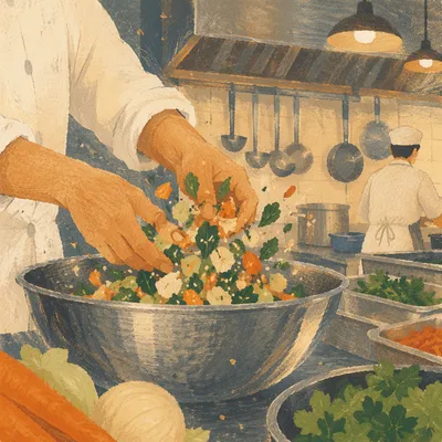 Hands Preparing Vegetables in Church Kitchen