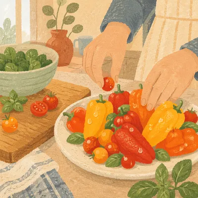 Hands Preparing Colorful Vegetables in Cozy Kitchen