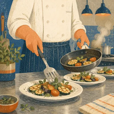 Chef Hands Plating Grilled Vegetables in Kitchen
