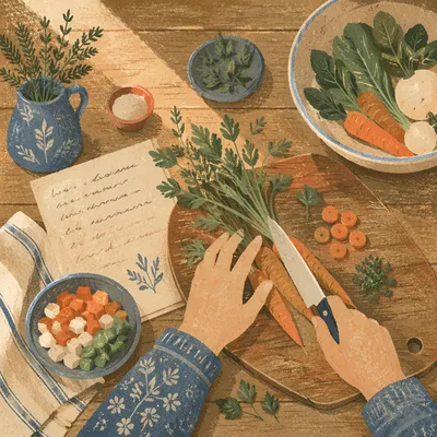 Hands Preparing Vegetables in Warm Kitchen Light