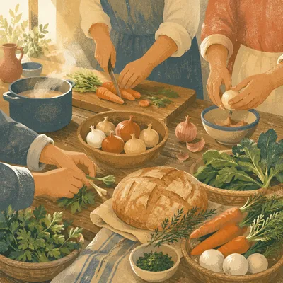 Hands Preparing Vegetables for Shared Meal