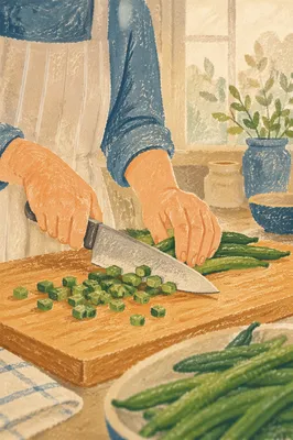 Hands Preparing Green Beans in Warm Kitchen