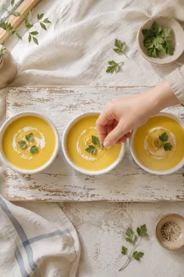 Homemade Vegetable Soup Garnished in Kitchen