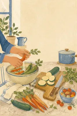 Hands Preparing Fresh Vegetables in Kitchen